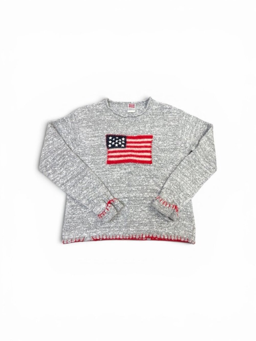 Cozy Crewneck Sweater with Flag Detail - Gray & Red